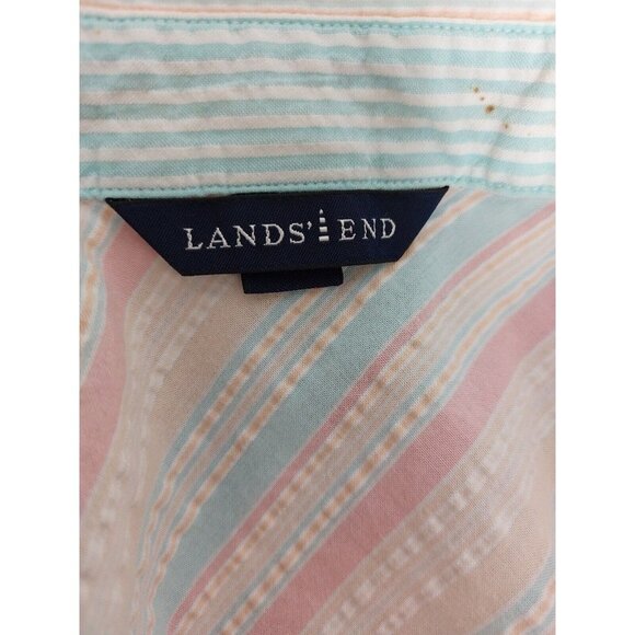Lands End Women 10 Petite Sleeveless Collar Button Down Blouse Pastel Seersucker - Picture 10 of 16